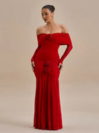 3D Flowers Valentine's Day Off-shoulder Pleated Maxi Dresses