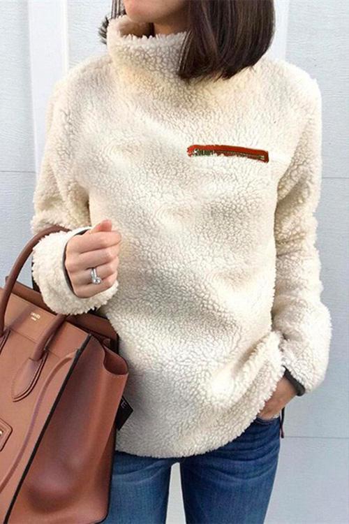 Turtleneck Long Sleeve Zip Fuzzy Pullovers