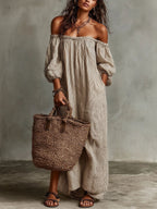 Striped Off-the-shoulder Linen Resort-style Long-sleeved Dress