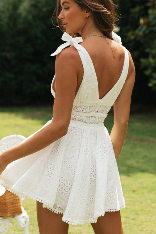 Eyelet Lace Bow Shoulder Strap Cutout Waist Fit and Flare Mini Dress