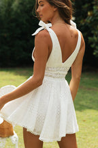 Eyelet Lace Bow Shoulder Strap Cutout Waist Fit and Flare Mini Dress