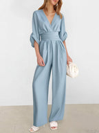 V-neck Waist Mid-length Sleeves Wide Leg Temperament Commuting Jumpsuits