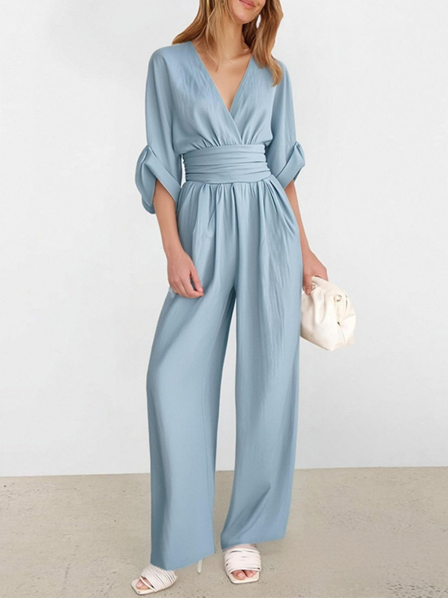 V-neck Waist Mid-length Sleeves Wide Leg Temperament Commuting Jumpsuits