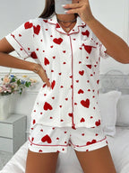 Heart-print Cardigan With Collar And Button-down Short Sleeves And Shorts, Two-piece Loungewear Set