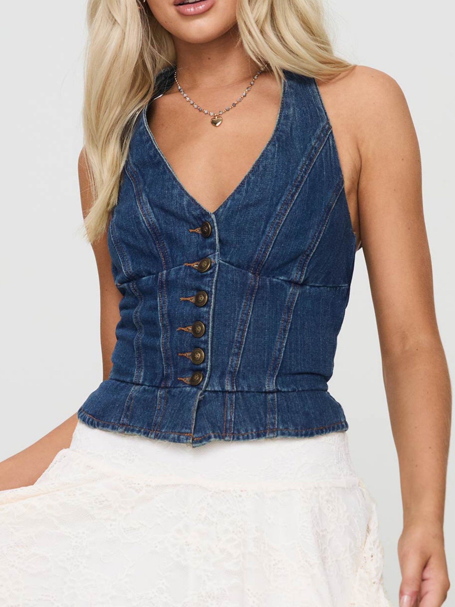 Denim Tie Buttons Halter V-neck Tank Tops&Camis