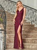 V-neck Sequins Slit Banquet Formal Dress Parties Maxi Dresses