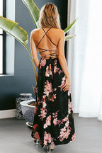 Floral Print Spaghetti Strap Lace Up Cross Back High Split Maxi Dress
