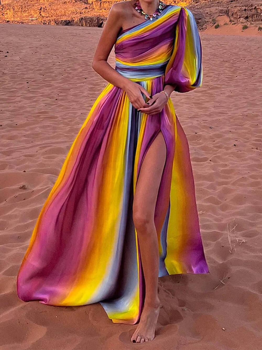 Ombré Stripe Print One Shoulder Puff Sleeve Ruched Bodice High Slit Maxi Dress