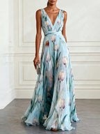 Floral Printed Parties V-neck Sleeveless Maxi Dresses