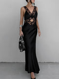Black Sexy Hollowed-out V-neck Lace Trim Fishtail Long Dress