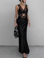 Black Sexy Hollowed-out V-neck Lace Trim Fishtail Long Dress