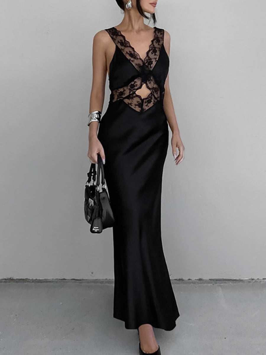 Black Sexy Hollowed-out V-neck Lace Trim Fishtail Long Dress