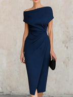 Off-the-shoulder, Fitted Waist, Pleated, Slit Midi Dress