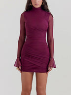 Mock Neck Sheer Mesh Flared Cuff Ruched Bodycon Mini Dress