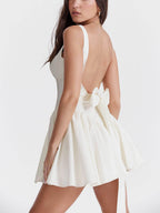Wide Strap Open Back Oversized Bow Pleated Babydoll Mini Dress