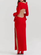 Boat Neck Long Sleeve Oversized Bow Accent Side Waist Cut Out High Slit Maxi Dress