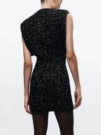 Sequin Mock Neck Padded Shoulder Sleeveless Bodycon Mini Dress