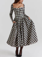 Plaid Sweetheart Neck Corset Bodice Basque Waist Pleated Midi Dress