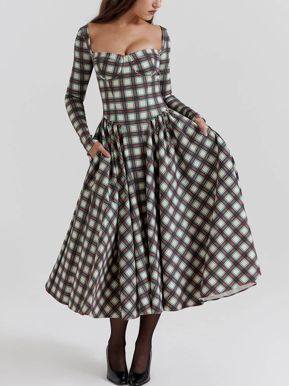 Plaid Sweetheart Neck Corset Bodice Basque Waist Pleated Midi Dress