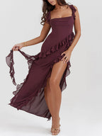 Ruffle Strap Side Slit Cascading Ruffle Hem Maxi Dress