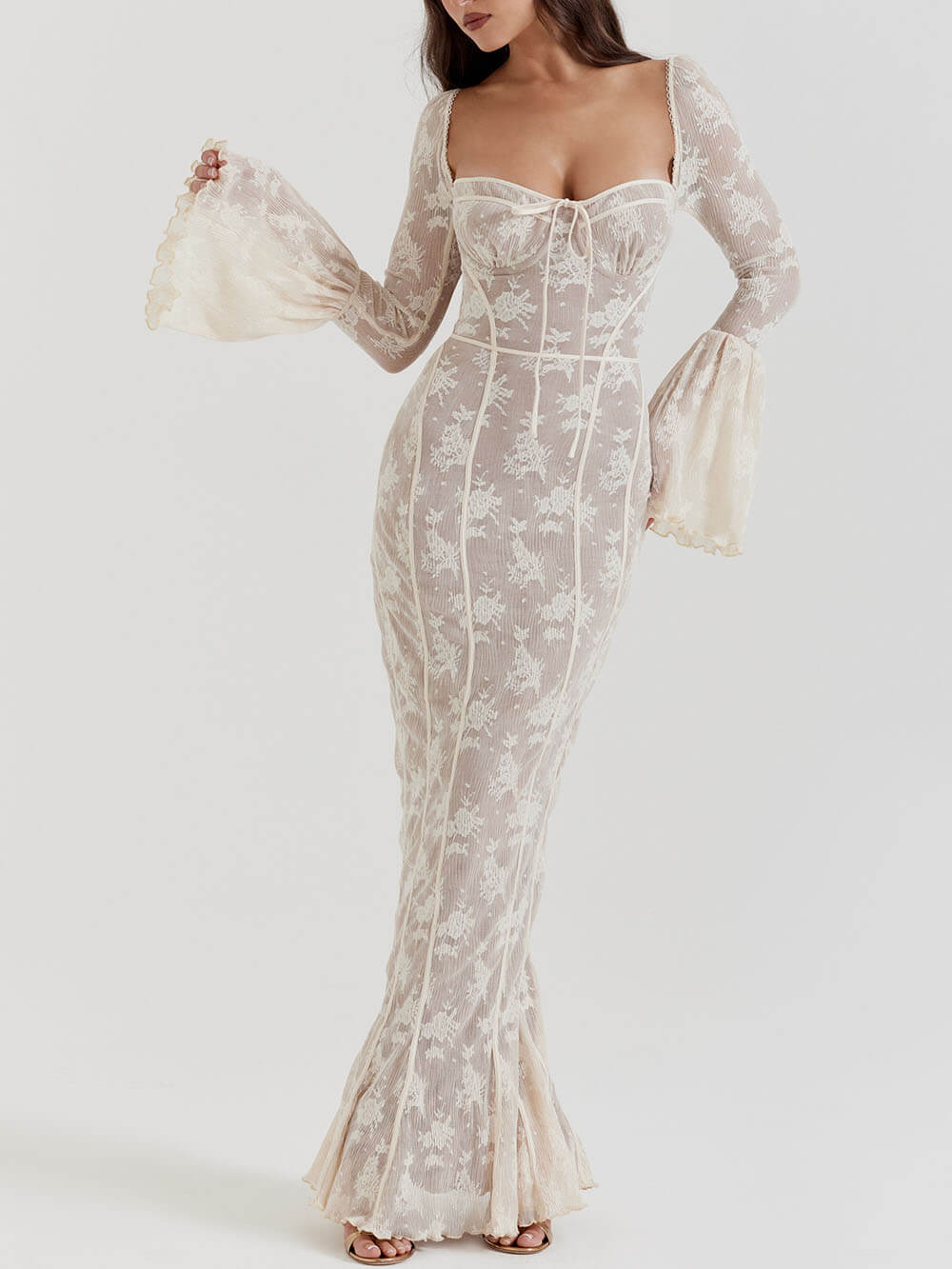Floral Lace Square Neck Corset Bodice Bell Sleeve Trumpet Maxi Gown