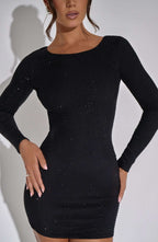Crew Neck Long Sleeve Allover Rhinestone Grid Bodycon Mini Dress