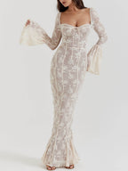 Sweetheart Neck Corset Seam Floral Lace Bell Cuff Mermaid Maxi Gown