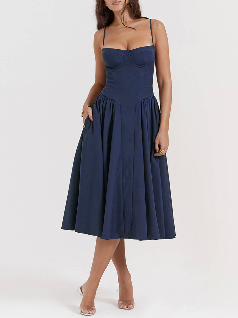 Sweetheart Neck Spaghetti Strap Corset Bodice Basque Waist Pleated Midi Dress