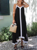 Deep V Neck Spaghetti Strap Contrast Panel Floor Length Slip Maxi Dress