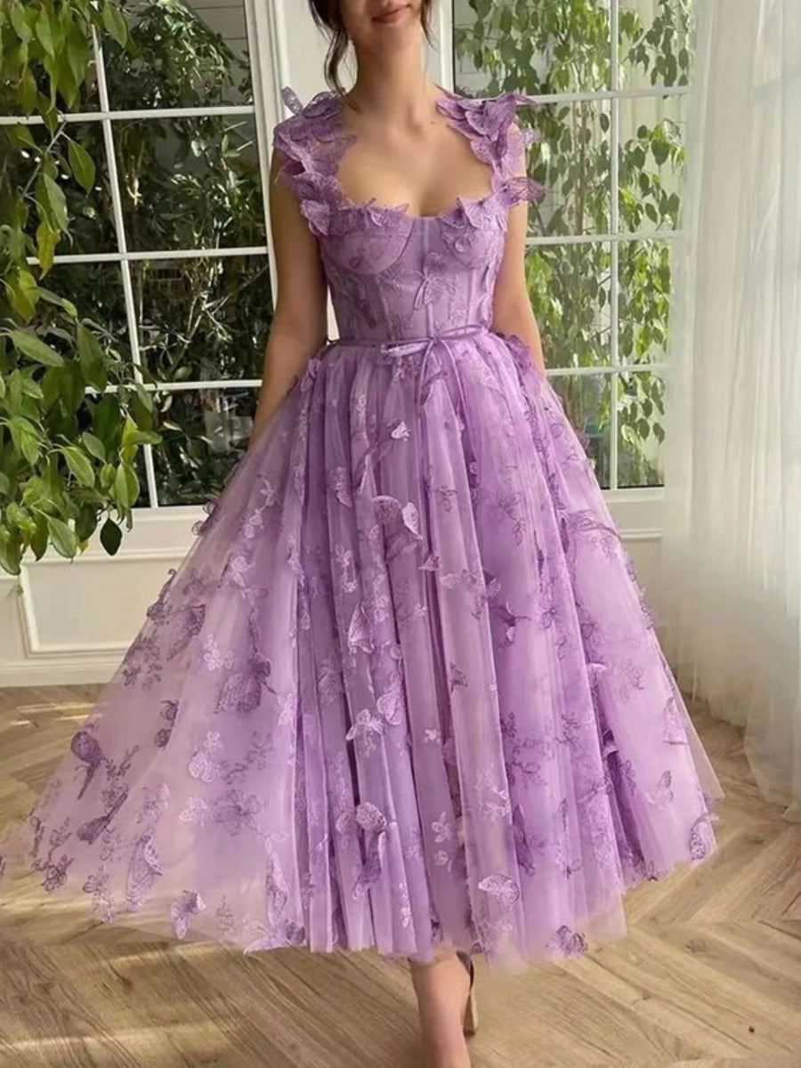 Sleeveless High-slit 3D Floral Purple Midi Dress