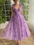 Sleeveless High-slit 3D Floral Purple Midi Dress
