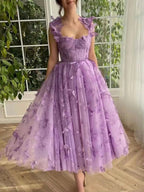 Sleeveless High-slit 3D Floral Purple Midi Dress