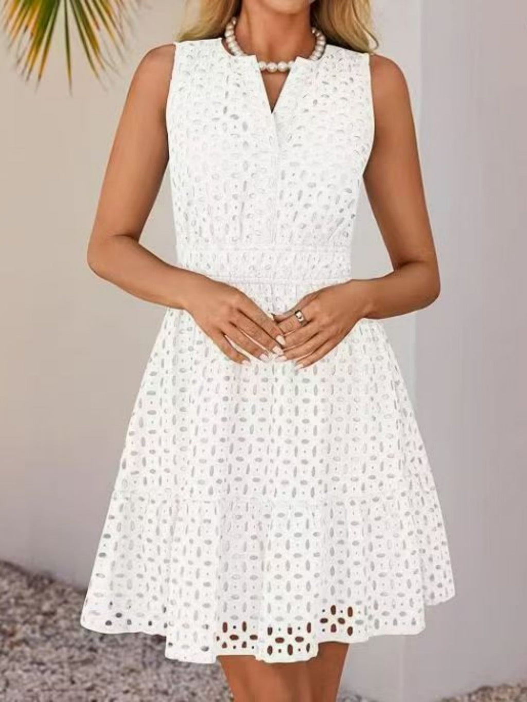 Hollow Holes V-neck Sleeveless A-line Skirt Mini&Short Dresses