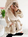 Furry Patchwork Ruffle Solid Color Ribbon Hooded Coats