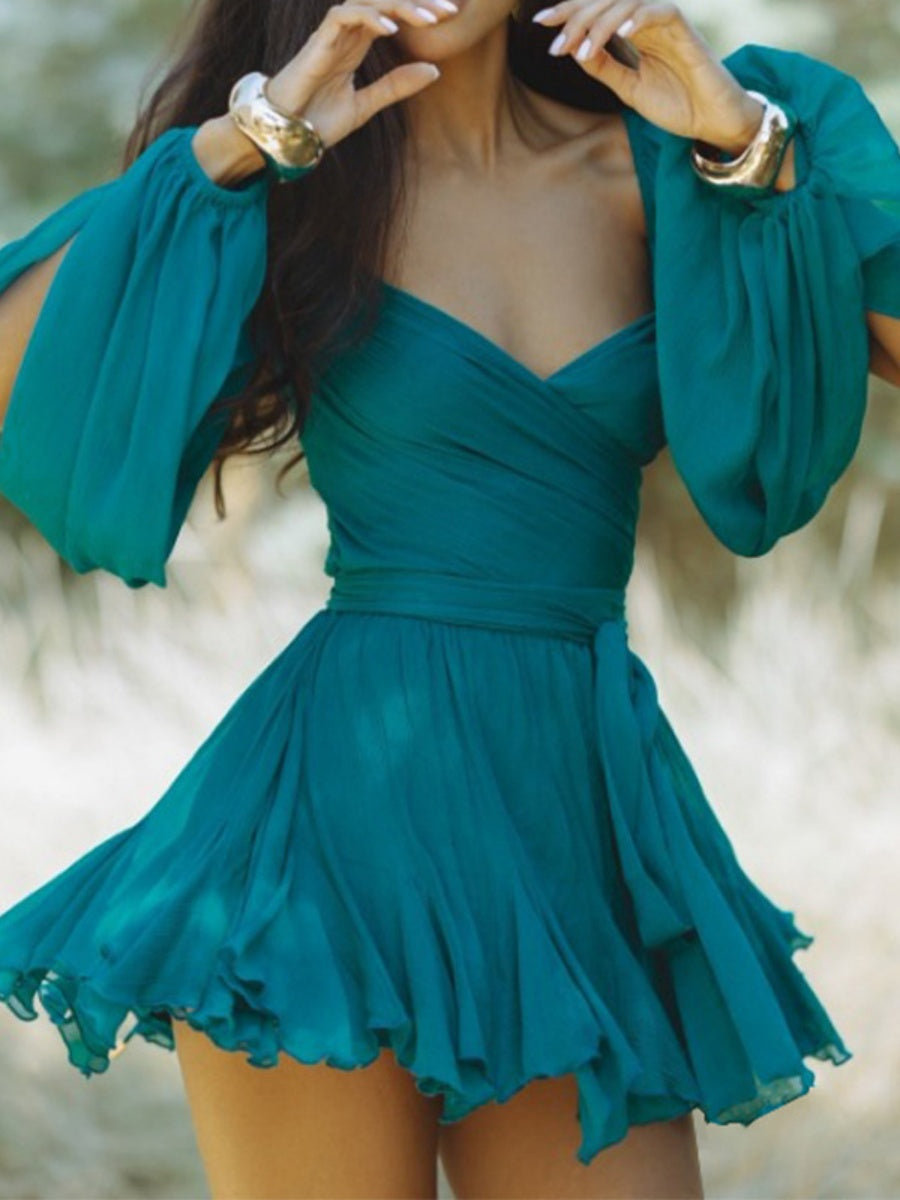 V-neck Solid Color Sexy Pleated Short Dress