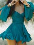 V-neck Solid Color Sexy Pleated Short Dress