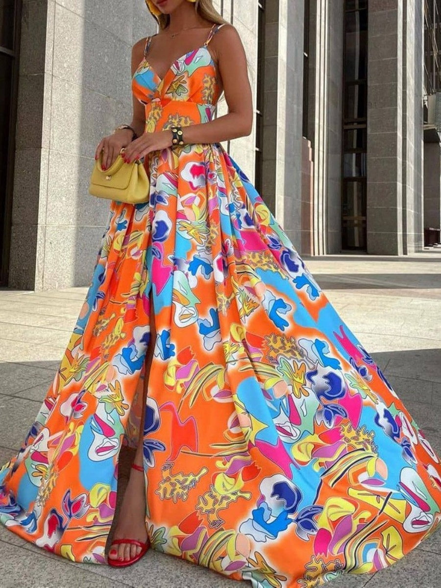 Chiffon Print Dress, Bohemian Resort Style Long Dress