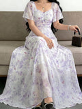 Floral Lotus Leaf Sleeves Sweetheart Collar Vacation And Leisure Maxi Dresses