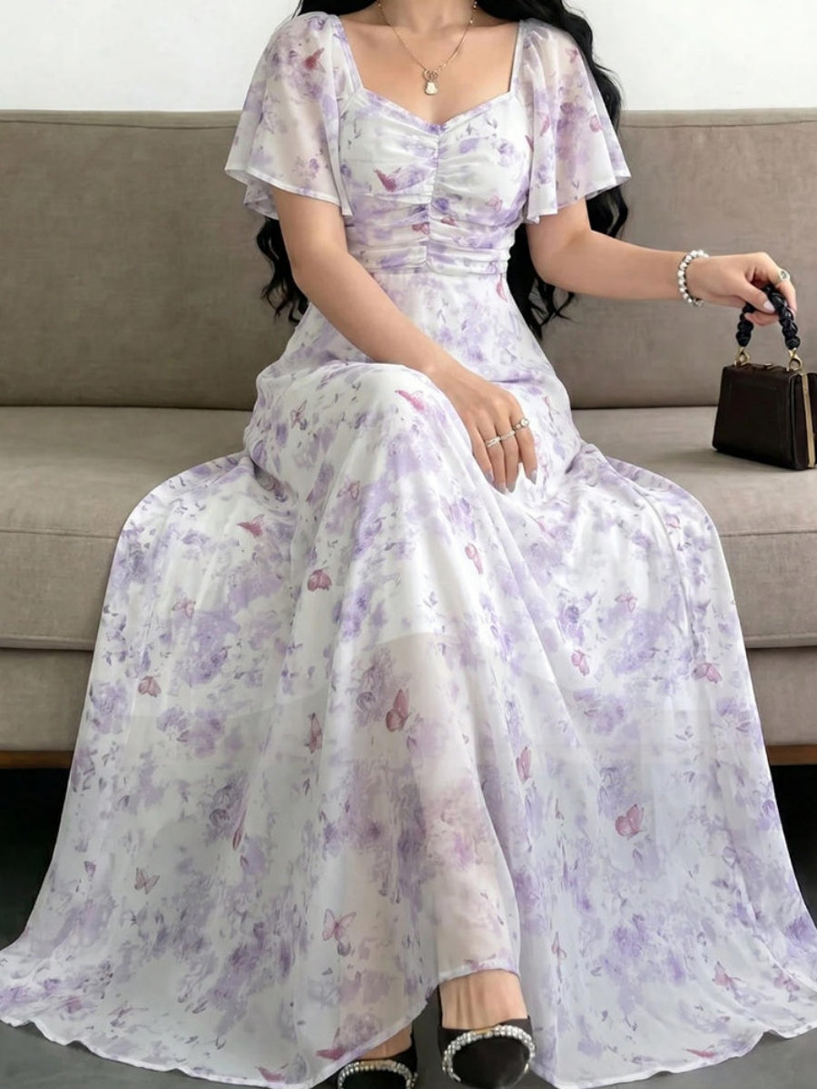 Floral Lotus Leaf Sleeves Sweetheart Collar Vacation And Leisure Maxi Dresses
