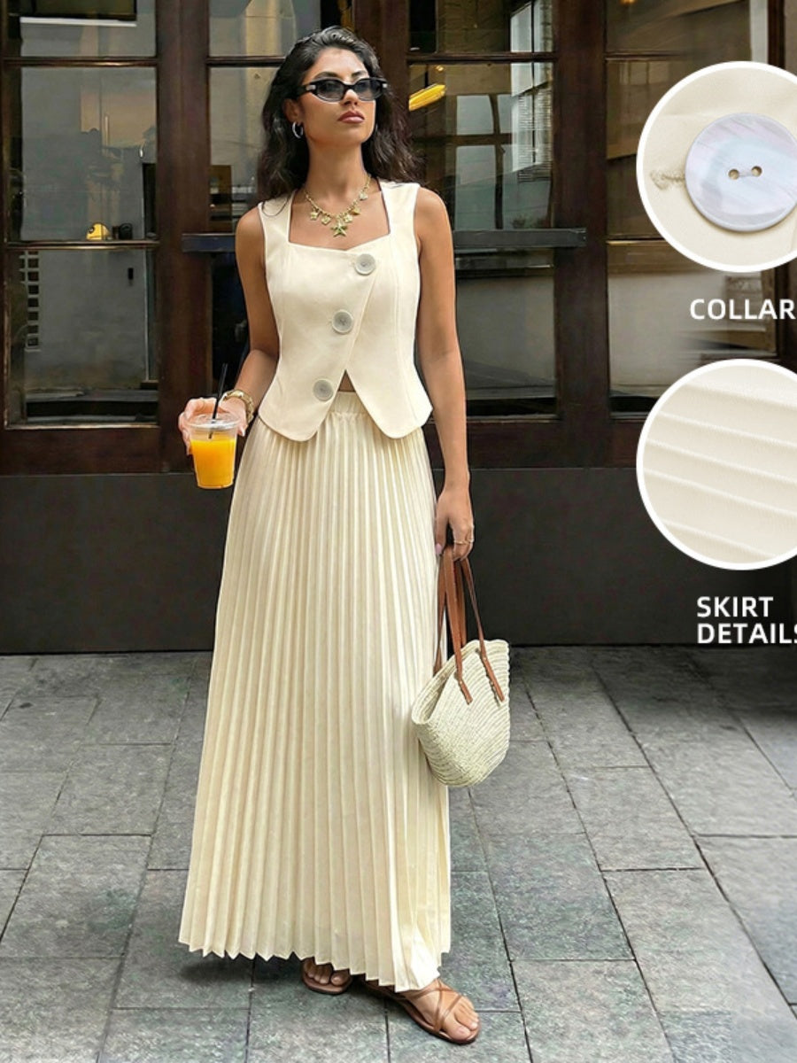 Pleated Long Skirt Square Neck Top Elegant Suit 2-piece Sets