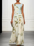 V-neck Retro Floral Print Sleeveless Backless Fitted Waist Long Dress