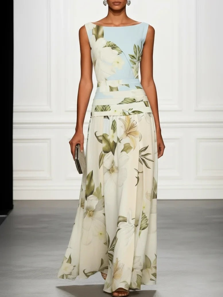 V-neck Retro Floral Print Sleeveless Backless Fitted Waist Long Dress