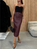 Back Slit In Bodysuit Tight Fit Hip-hugging High Waist PU Leather Midi Skirt