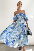 Off Shoulder Smocked Tiered Abstract Circle Print Maxi Dress