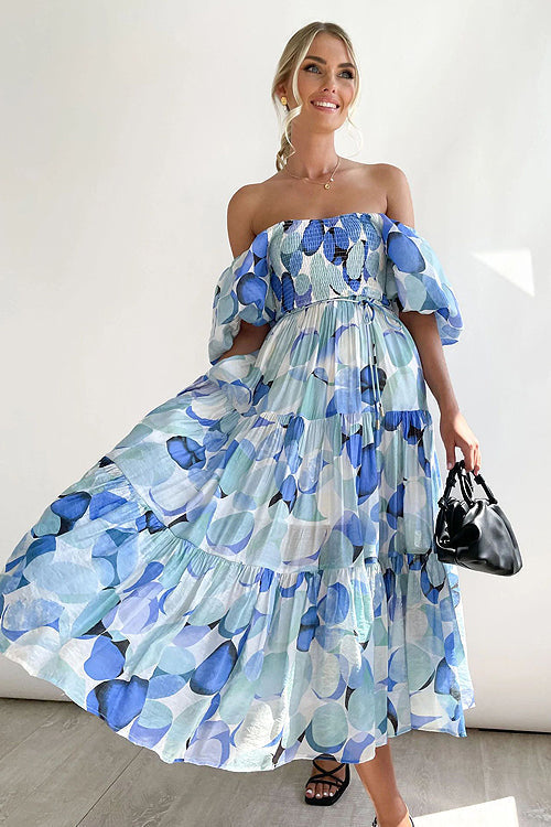 Off Shoulder Smocked Tiered Abstract Circle Print Maxi Dress