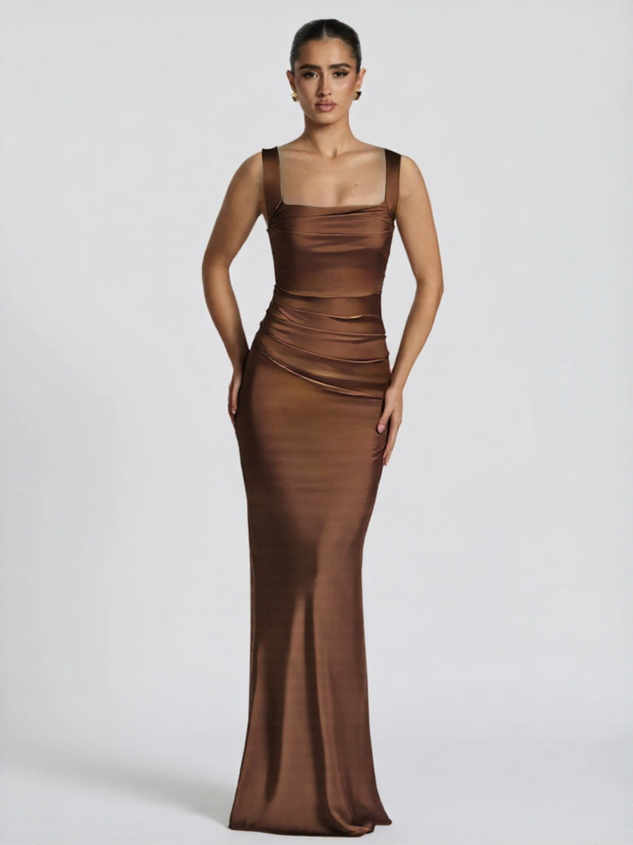 Dark Brown Satin Square Collar Pleated Maxi Dresses