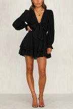 Tie Front Puff Sleeve Smocked Waist Tiered Ruffle Mini Set