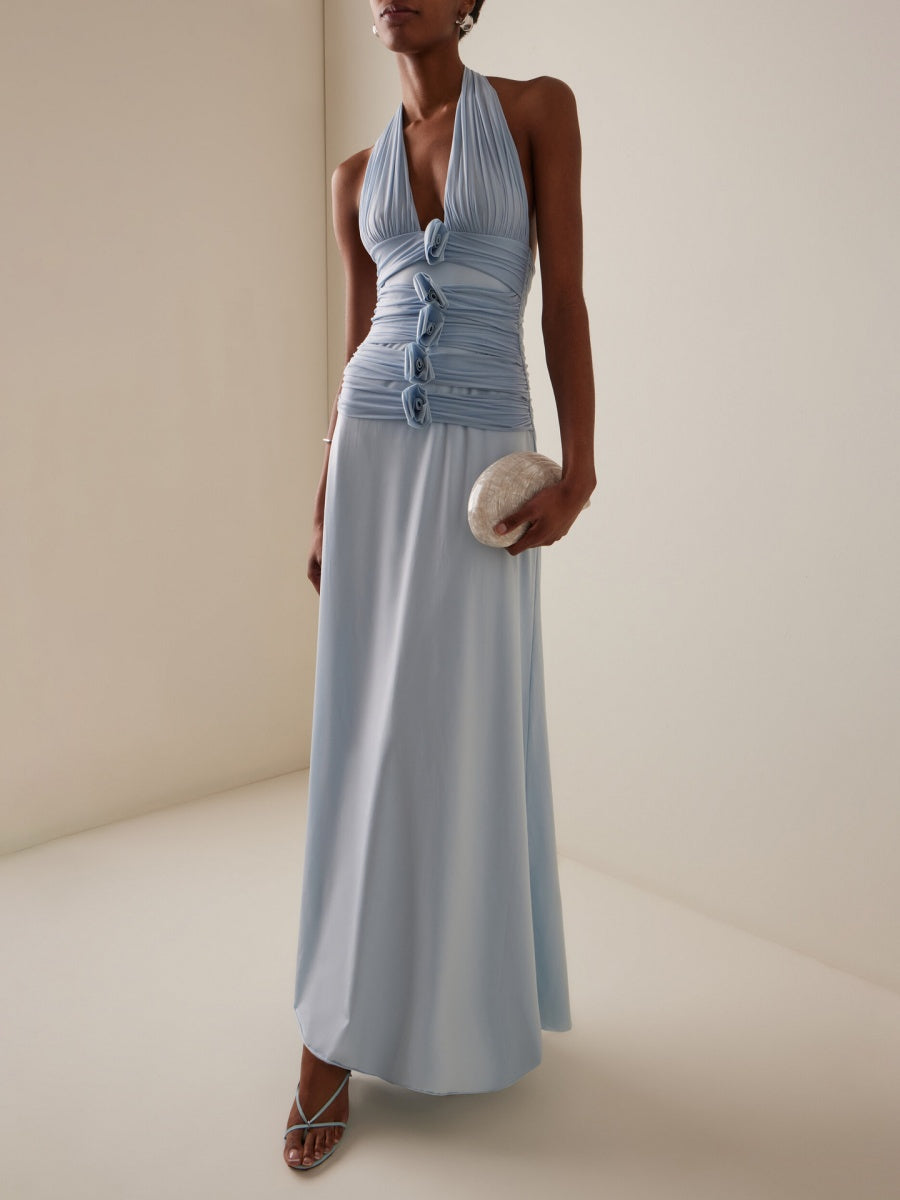 Halter Slit Deep V Big Backless 3D Flowers Blue Maxi Dresses
