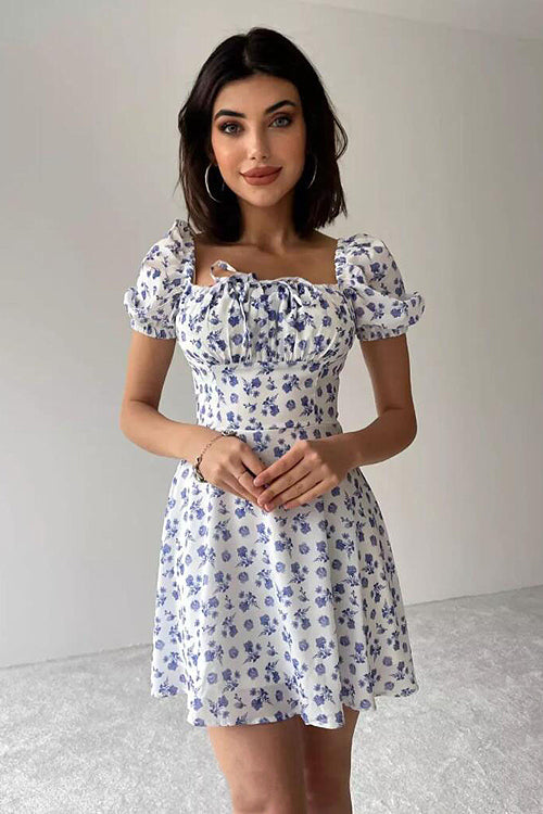 Square Neck Tie Front Puff Sleeve Ditsy Floral Milkmaid Mini Dress