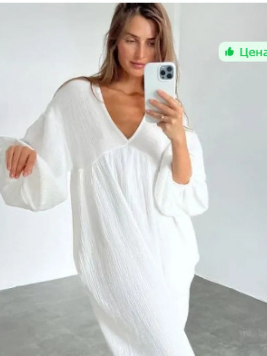 Cotton Blend Temperament V-neck Long Sleeve Loose-fit Home Vacation Mini&Short Dresses